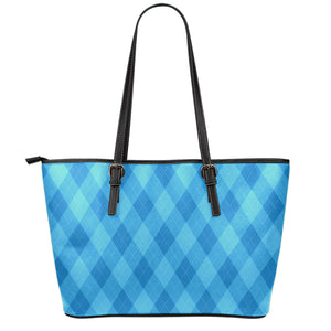 Ocean Blue Argyle Pattern Print Leather Tote Bag