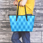 Ocean Blue Argyle Pattern Print Leather Tote Bag