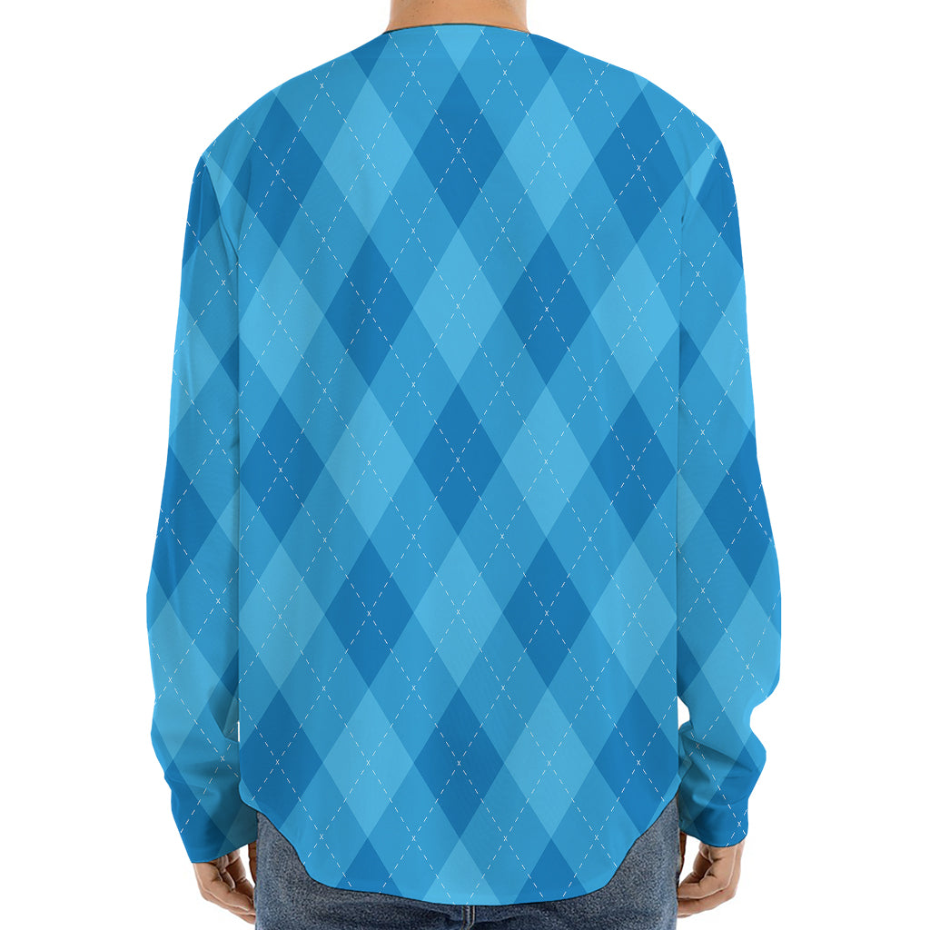 Ocean Blue Argyle Pattern Print Long Sleeve Baseball Jersey