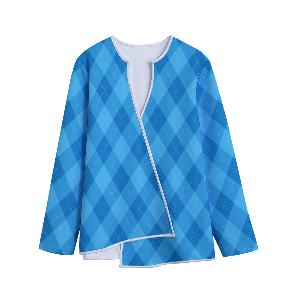 Ocean Blue Argyle Pattern Print Long Sleeve Short Coat