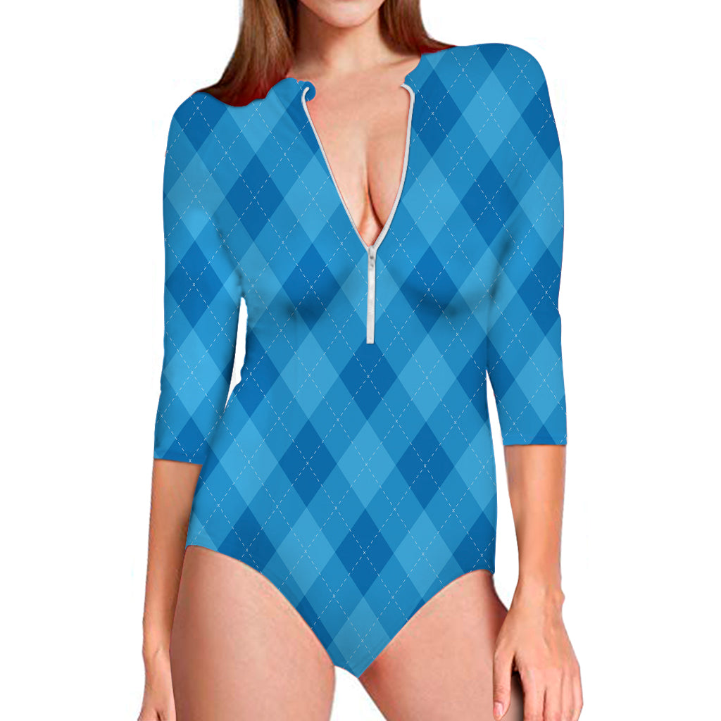 Ocean Blue Argyle Pattern Print Long Sleeve Swimsuit