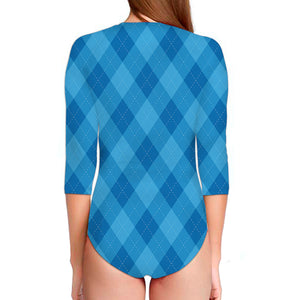 Ocean Blue Argyle Pattern Print Long Sleeve Swimsuit