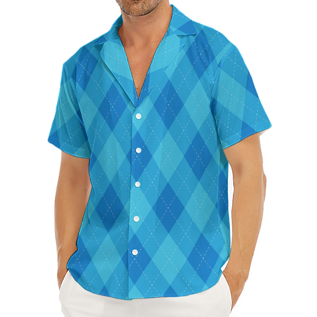 Ocean Blue Argyle Pattern Print Men's Deep V-Neck Shirt