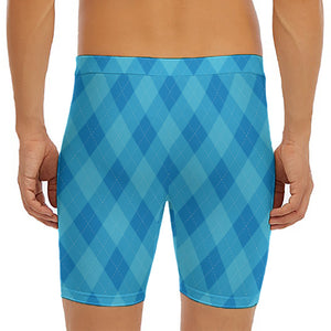 Ocean Blue Argyle Pattern Print Men's Long Boxer Briefs