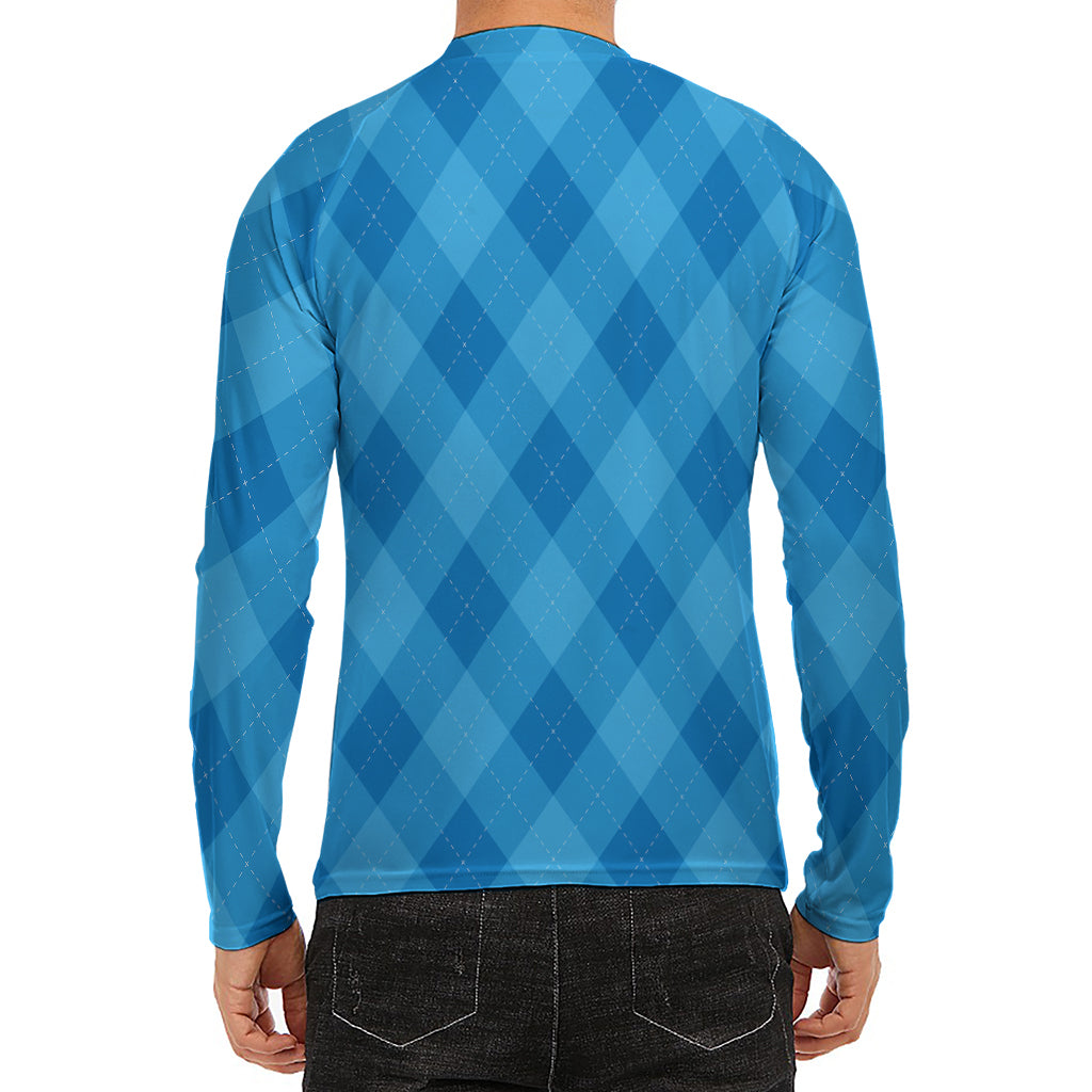 Ocean Blue Argyle Pattern Print Men's Long Sleeve Rash Guard