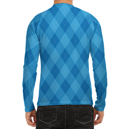 Ocean Blue Argyle Pattern Print Men's Long Sleeve Rash Guard