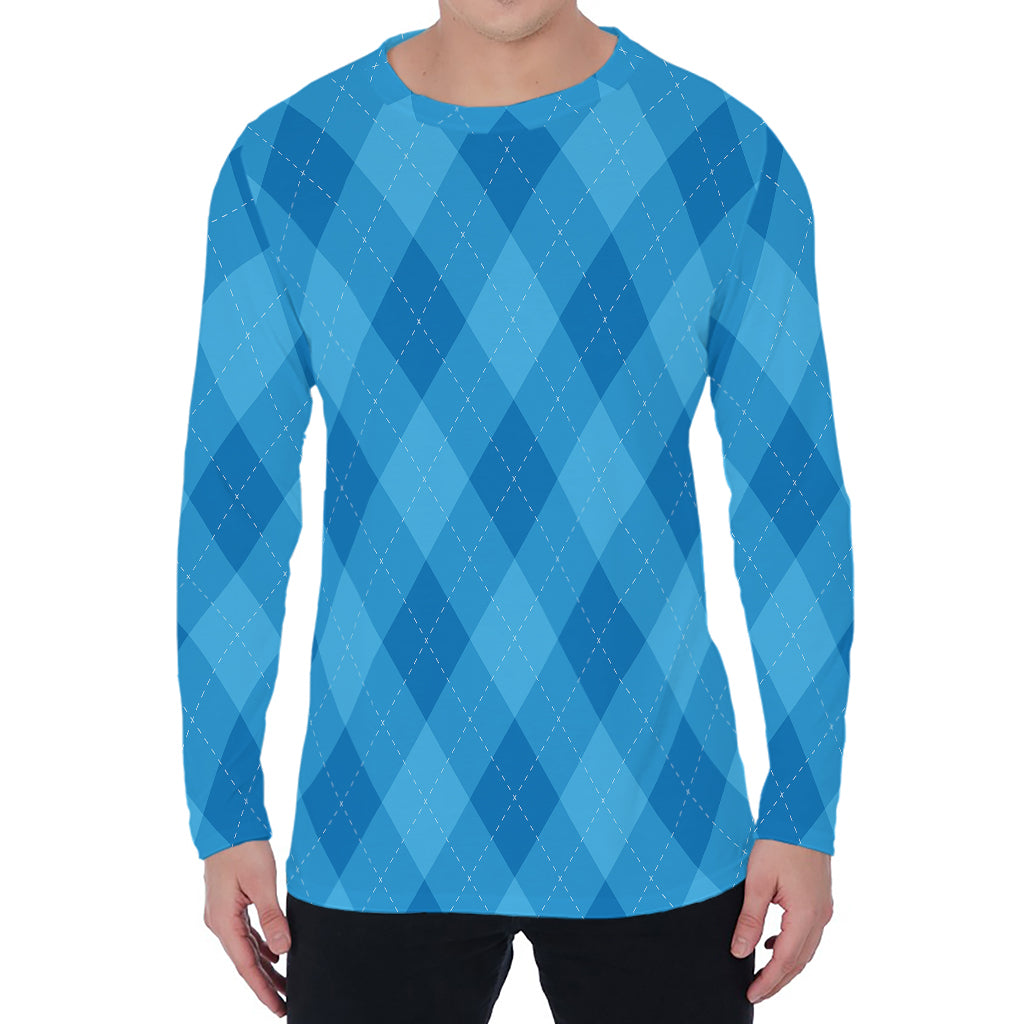 Ocean Blue Argyle Pattern Print Men's Long Sleeve T-Shirt