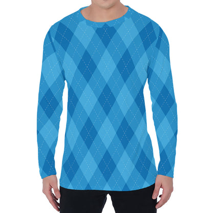 Ocean Blue Argyle Pattern Print Men's Long Sleeve T-Shirt