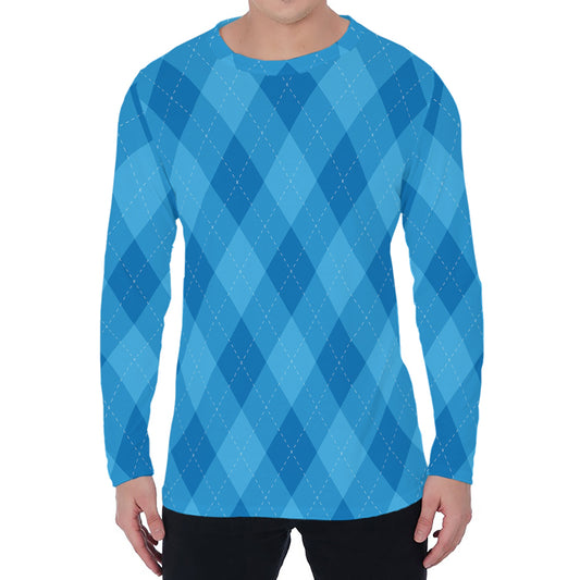 Ocean Blue Argyle Pattern Print Men's Long Sleeve T-Shirt