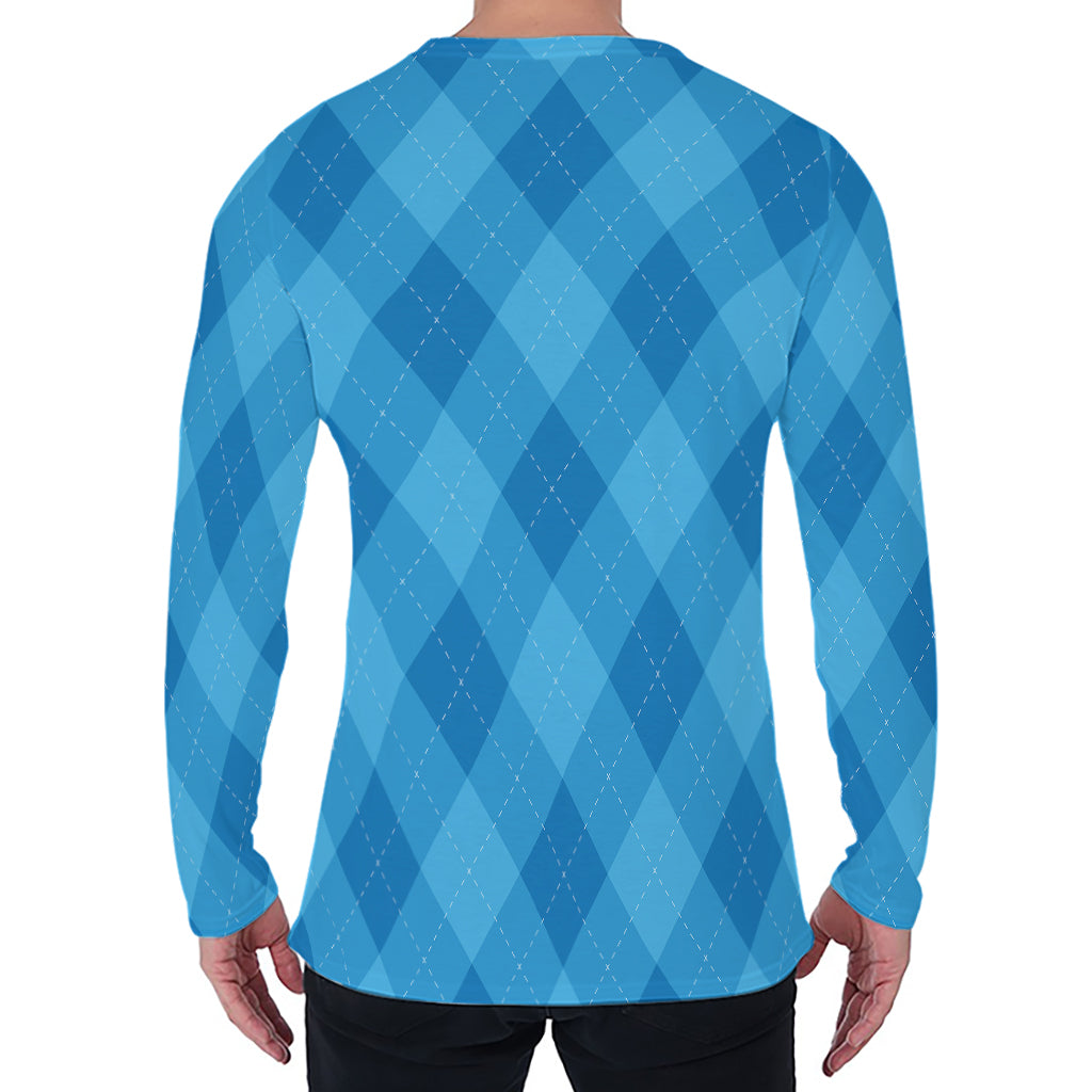 Ocean Blue Argyle Pattern Print Men's Long Sleeve T-Shirt