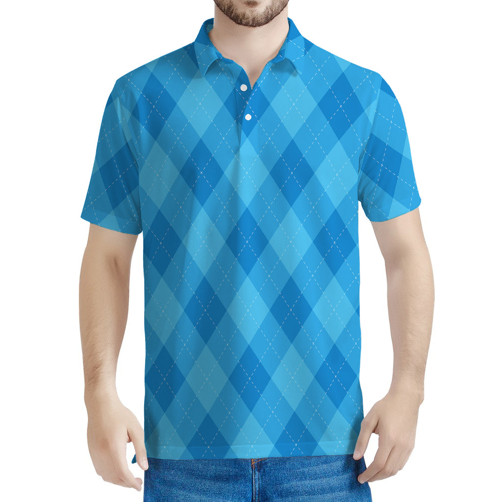 Ocean Blue Argyle Pattern Print Men's Polo Shirt