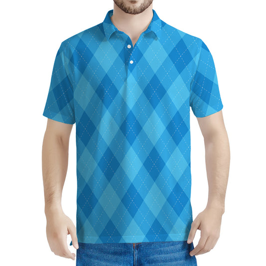 Ocean Blue Argyle Pattern Print Men's Polo Shirt