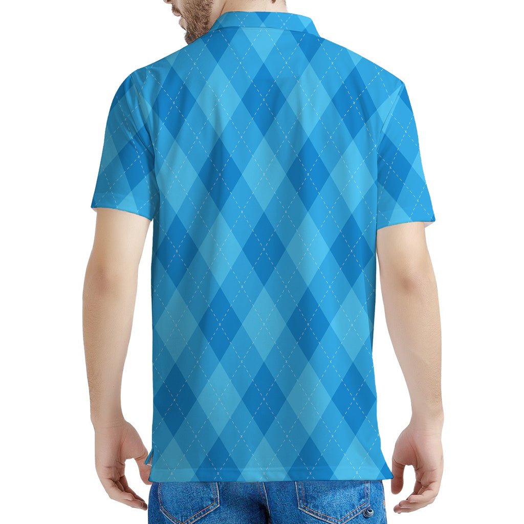 Ocean Blue Argyle Pattern Print Men's Polo Shirt