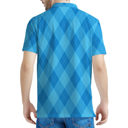 Ocean Blue Argyle Pattern Print Men's Polo Shirt