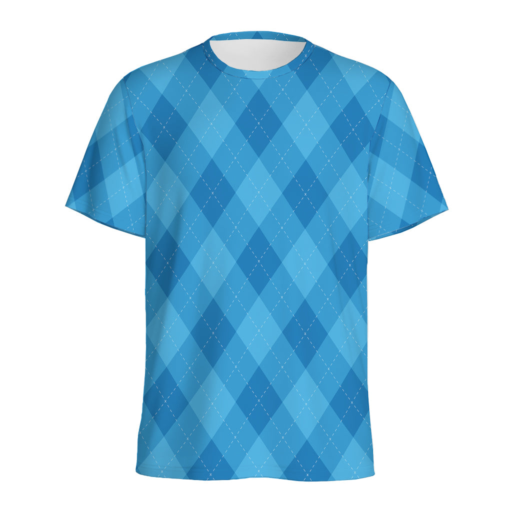 Ocean Blue Argyle Pattern Print Men's Sports T-Shirt