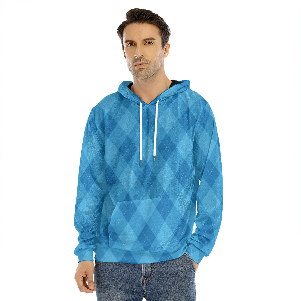 Ocean Blue Argyle Pattern Print Men's Velvet Pullover Hoodie