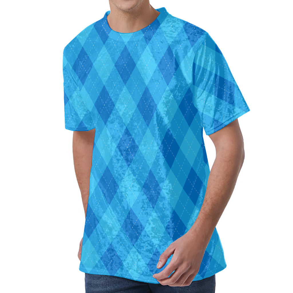 Ocean Blue Argyle Pattern Print Men's Velvet T-Shirt