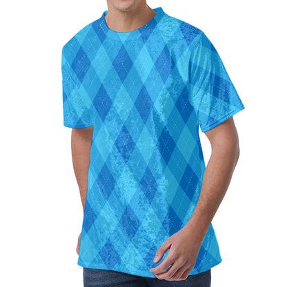 Ocean Blue Argyle Pattern Print Men's Velvet T-Shirt
