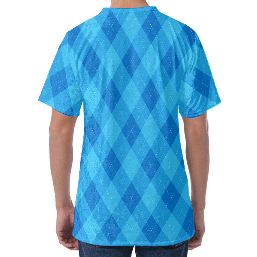 Ocean Blue Argyle Pattern Print Men's Velvet T-Shirt