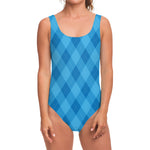 Ocean Blue Argyle Pattern Print One Piece Swimsuit