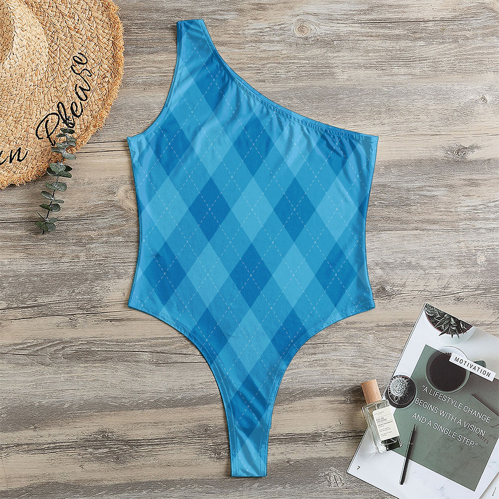 Ocean Blue Argyle Pattern Print One Shoulder Bodysuit