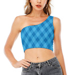 Ocean Blue Argyle Pattern Print One Shoulder Crop Top