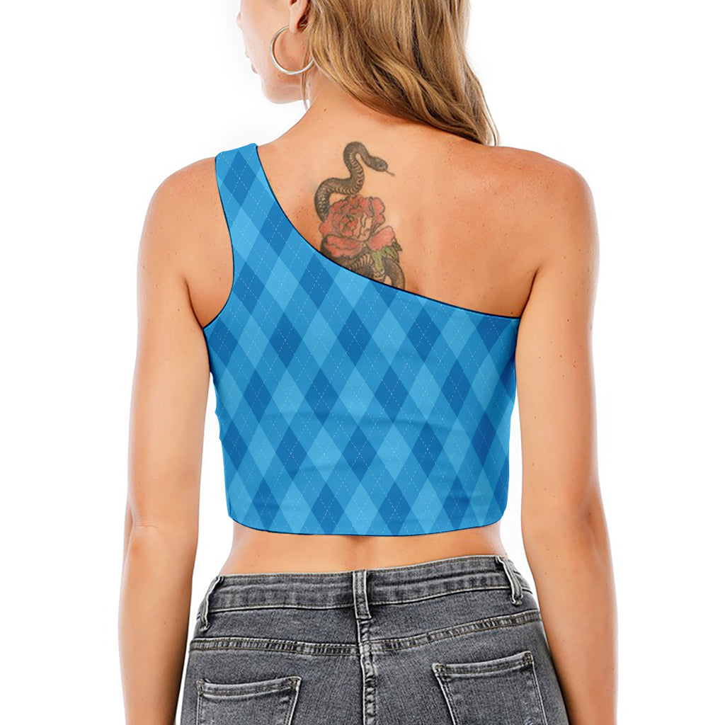 Ocean Blue Argyle Pattern Print One Shoulder Crop Top