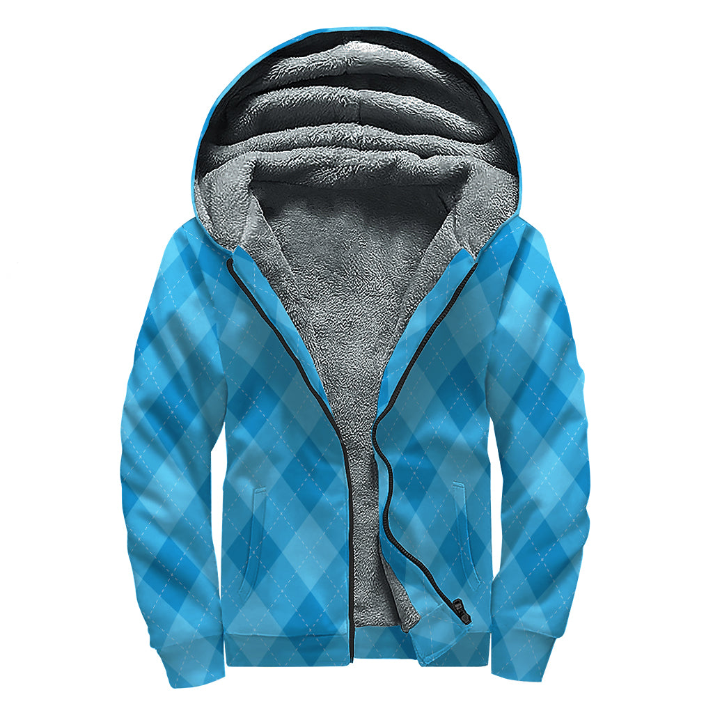 Ocean Blue Argyle Pattern Print Sherpa Lined Zip Up Hoodie