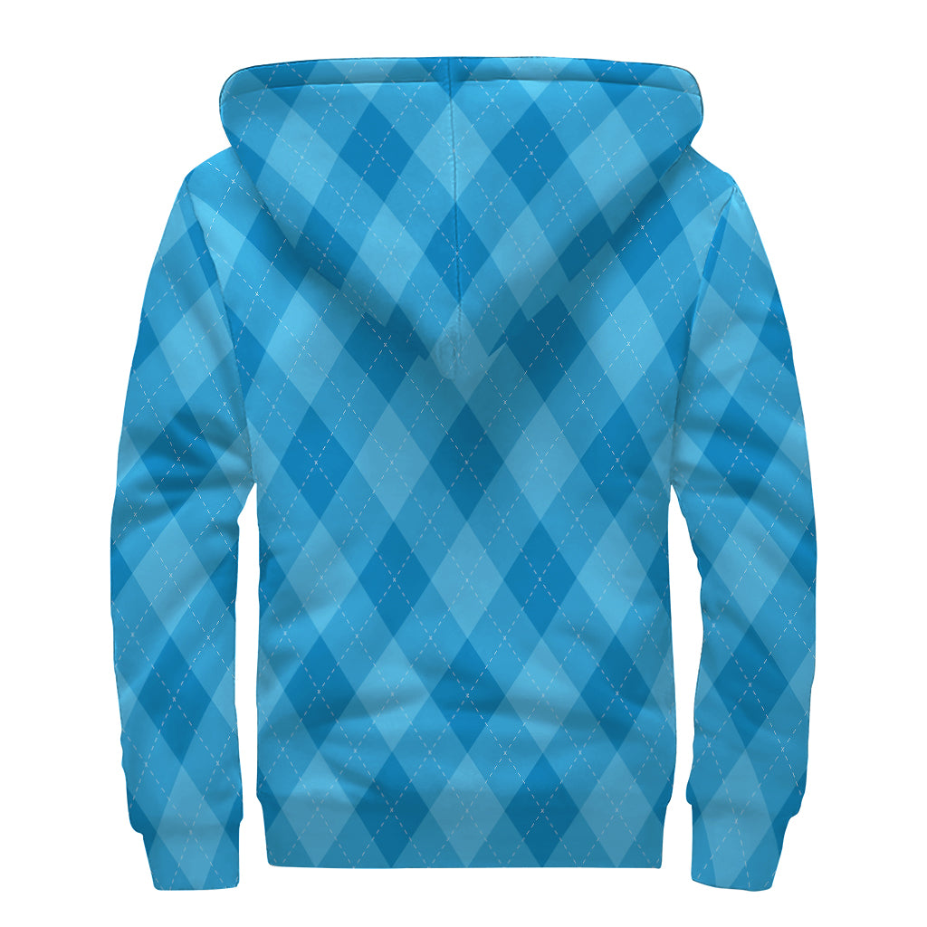 Ocean Blue Argyle Pattern Print Sherpa Lined Zip Up Hoodie