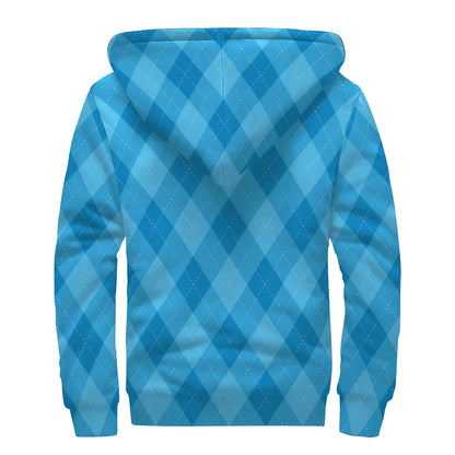 Ocean Blue Argyle Pattern Print Sherpa Lined Zip Up Hoodie