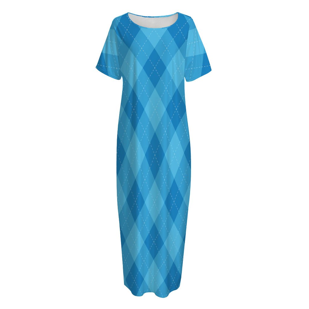 Ocean Blue Argyle Pattern Print Short Sleeve Long Nightdress