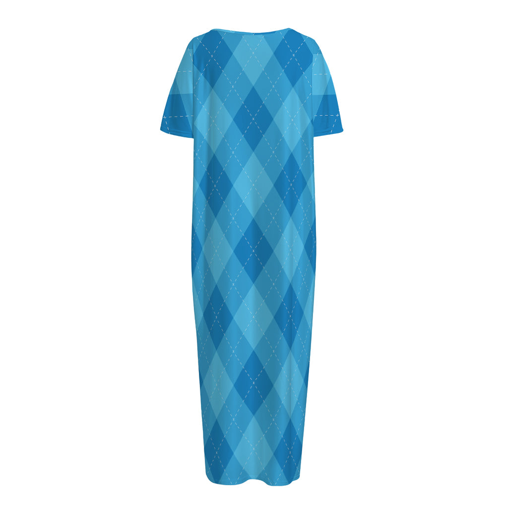 Ocean Blue Argyle Pattern Print Short Sleeve Long Nightdress