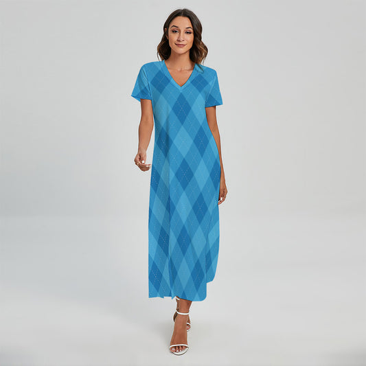 Ocean Blue Argyle Pattern Print Short Sleeve Maxi Dress