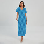Ocean Blue Argyle Pattern Print Short Sleeve Maxi Dress