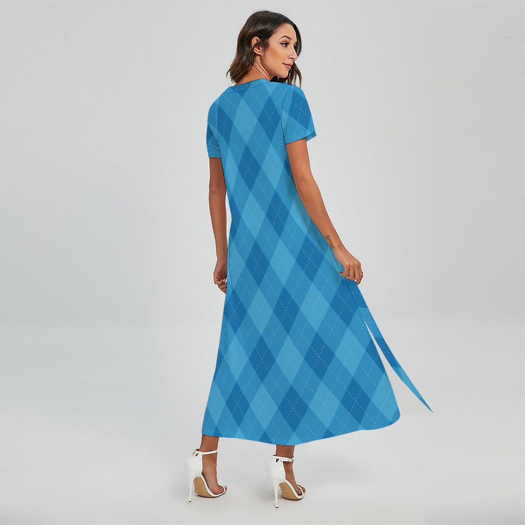 Ocean Blue Argyle Pattern Print Short Sleeve Maxi Dress
