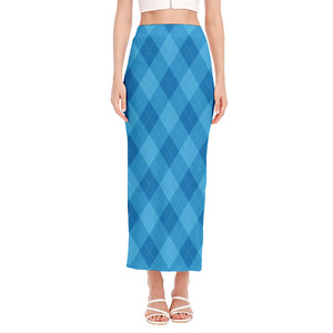 Ocean Blue Argyle Pattern Print Side Slit Maxi Skirt