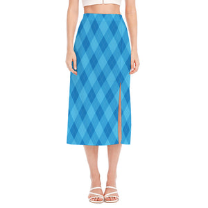 Ocean Blue Argyle Pattern Print Side Slit Midi Skirt