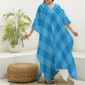 Ocean Blue Argyle Pattern Print Silk V-Neck Kaftan Dress