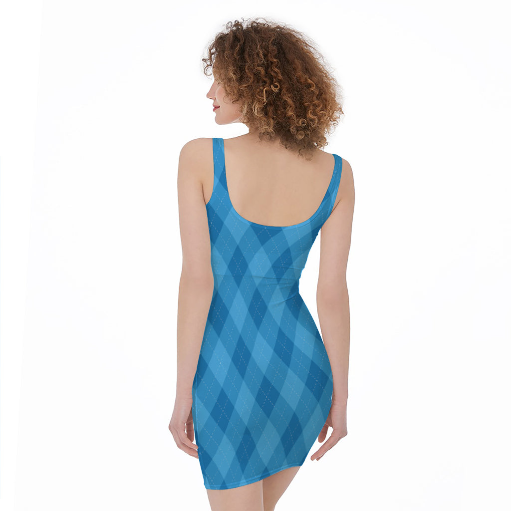 Ocean Blue Argyle Pattern Print Sleeveless Bodycon Dress