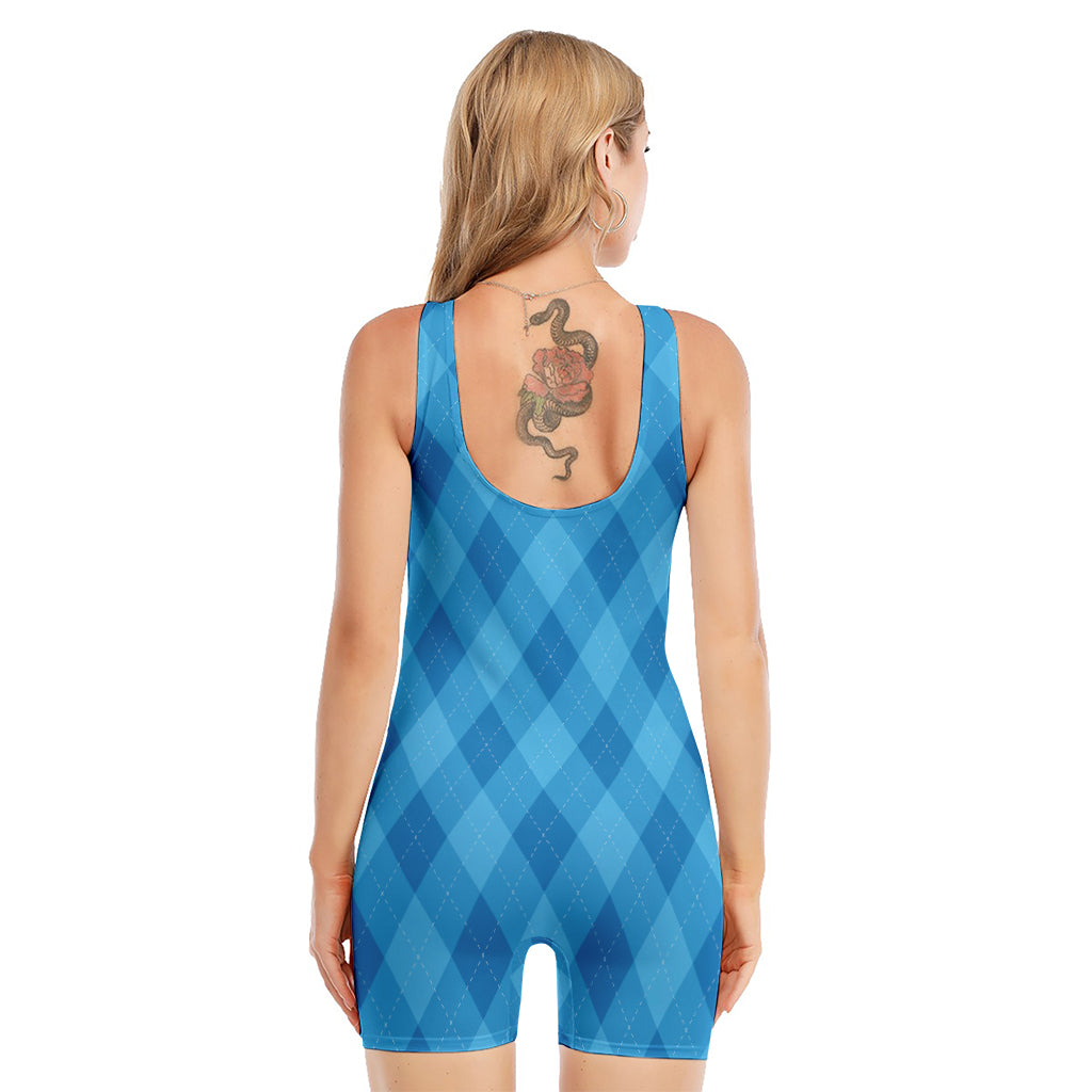 Ocean Blue Argyle Pattern Print Sleeveless One Piece Swimsuit