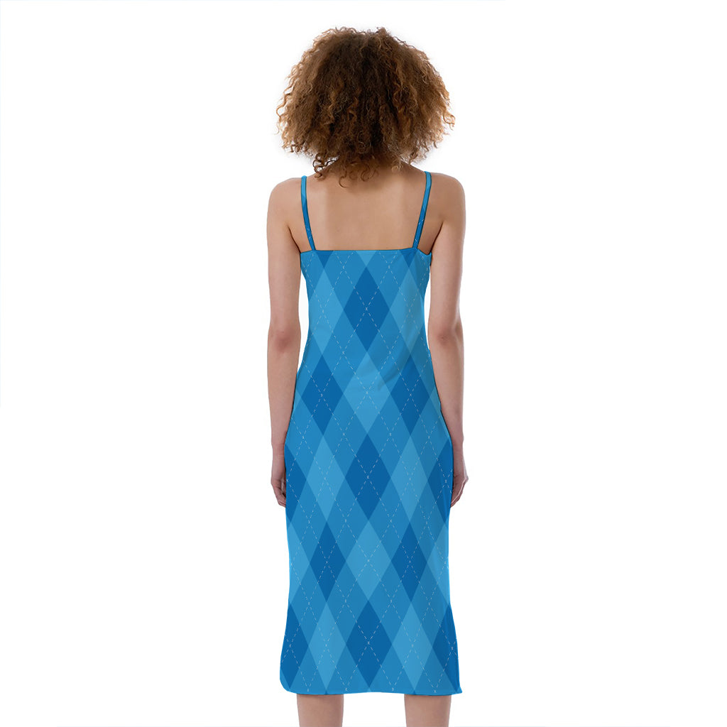 Ocean Blue Argyle Pattern Print Slim Fit Midi Cami Dress