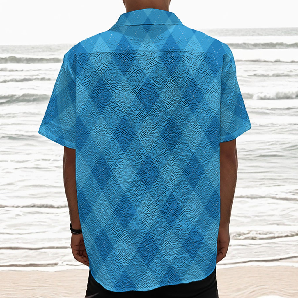 Ocean Blue Argyle Pattern Print Textured Short Sleeve Shirt