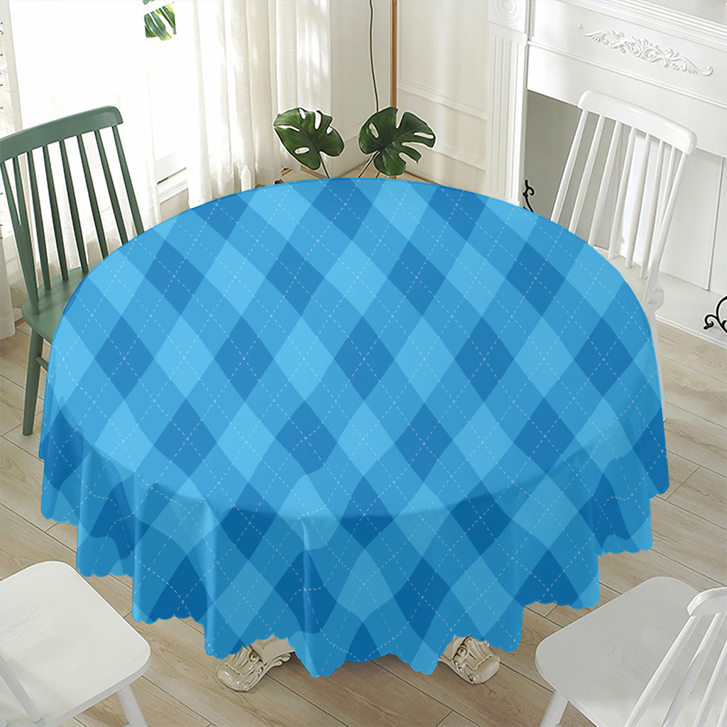 Ocean Blue Argyle Pattern Print Waterproof Round Tablecloth