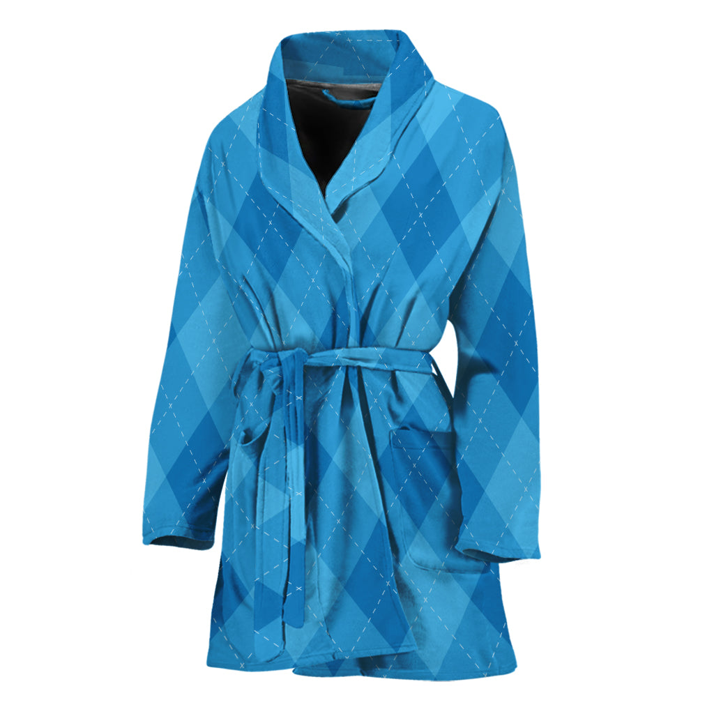 Ocean Blue Argyle Pattern Print Women's Bathrobe