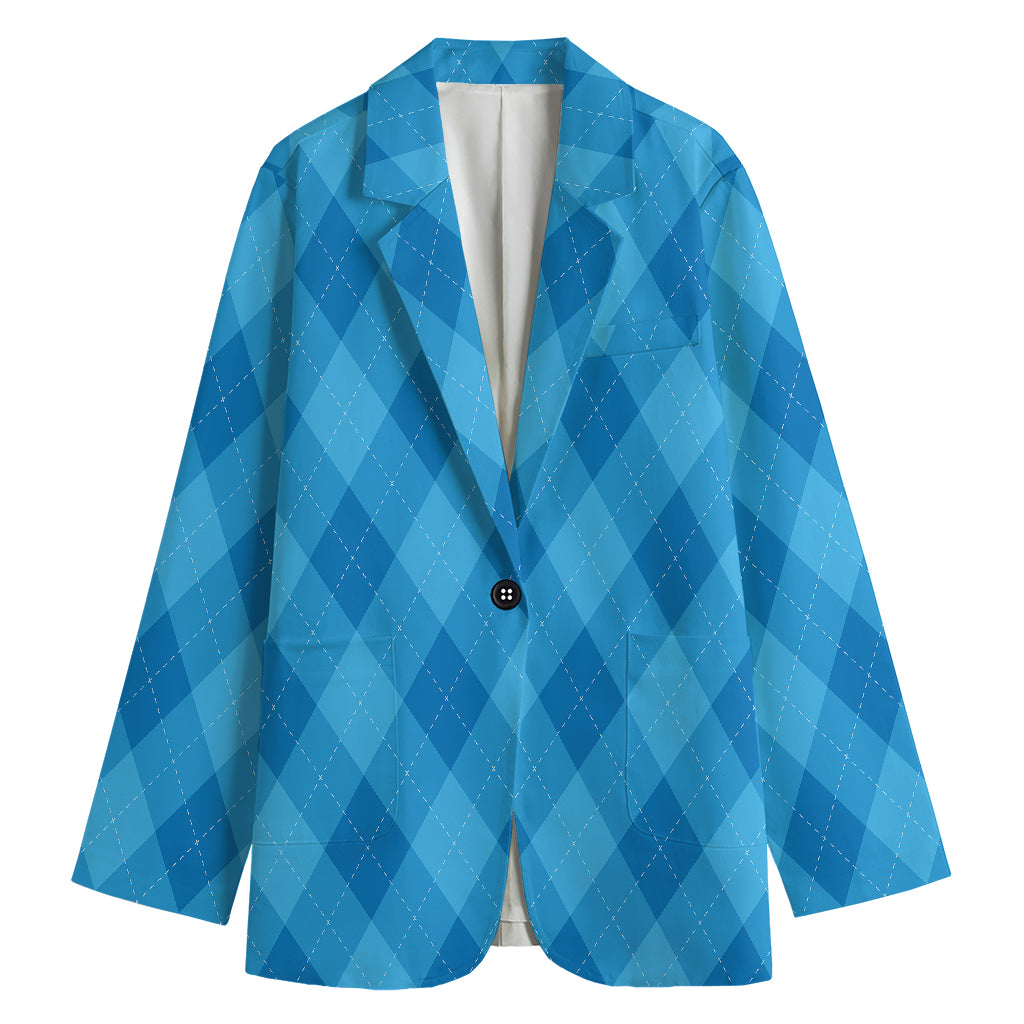 Ocean Blue Argyle Pattern Print Women's Blazer