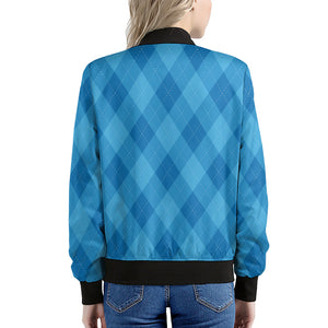 Ocean Blue Argyle Pattern Print Women's Bomber Jacket