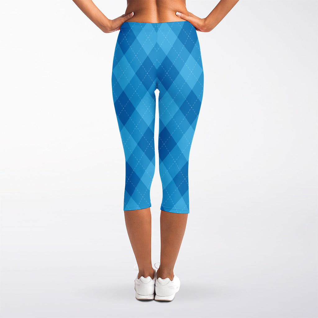 Ocean Blue Argyle Pattern Print Women's Capri Leggings