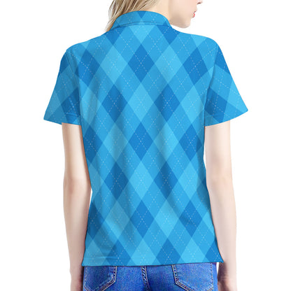 Ocean Blue Argyle Pattern Print Women's Polo Shirt
