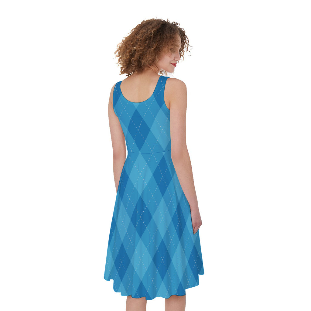 Ocean Blue Argyle Pattern Print Women's Sleeveless Dress