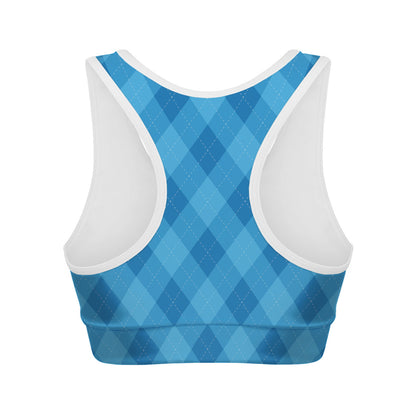 Ocean Blue Argyle Pattern Print Women's Sports Bra
